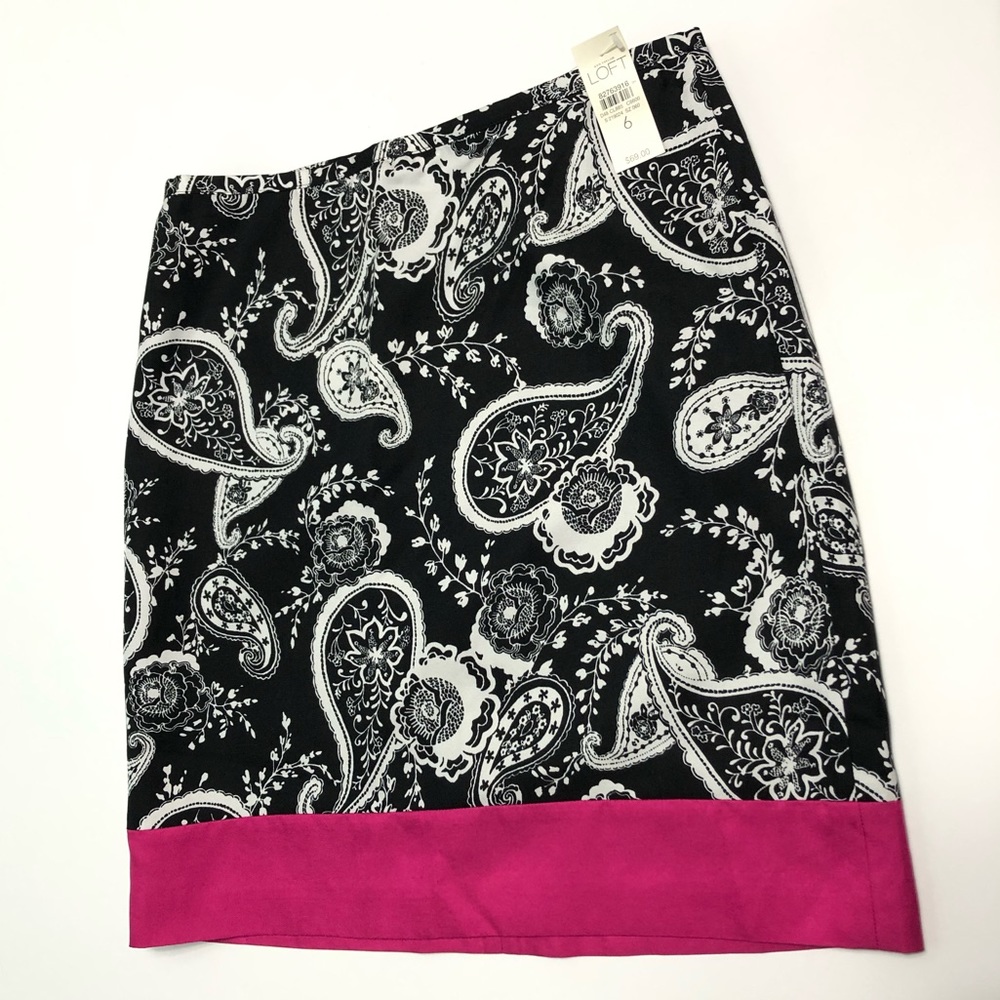 Ann Taylor Women's Silk blend  Paisley Skirt Size 6 NWT BLK WHITE PINK